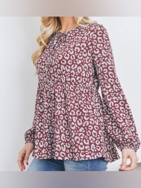 Printed Tie-Neck Babydoll Blouse - Mauve Leopard